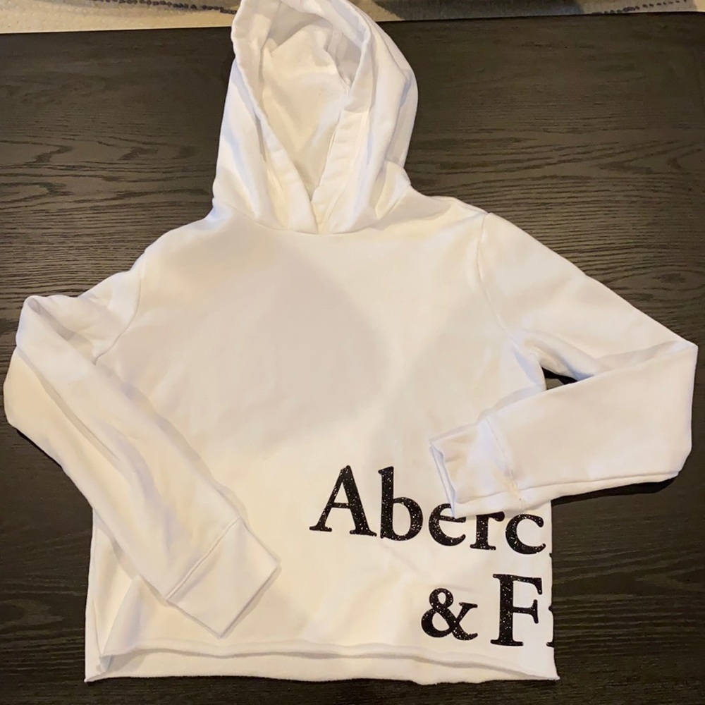 Girls Abercrombie and Fitch, black glitter letters, and white hoodie